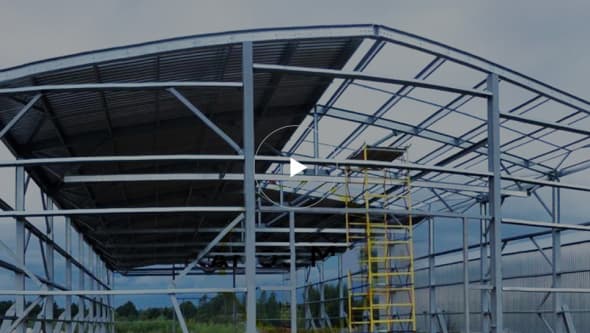 Быстровозводимое здание зернохранилища в Смоленской области. Серия: ИЗЛК РУС ВГ-300.2016. Размеры: ш 20 х д 54 х в 6,2 м 